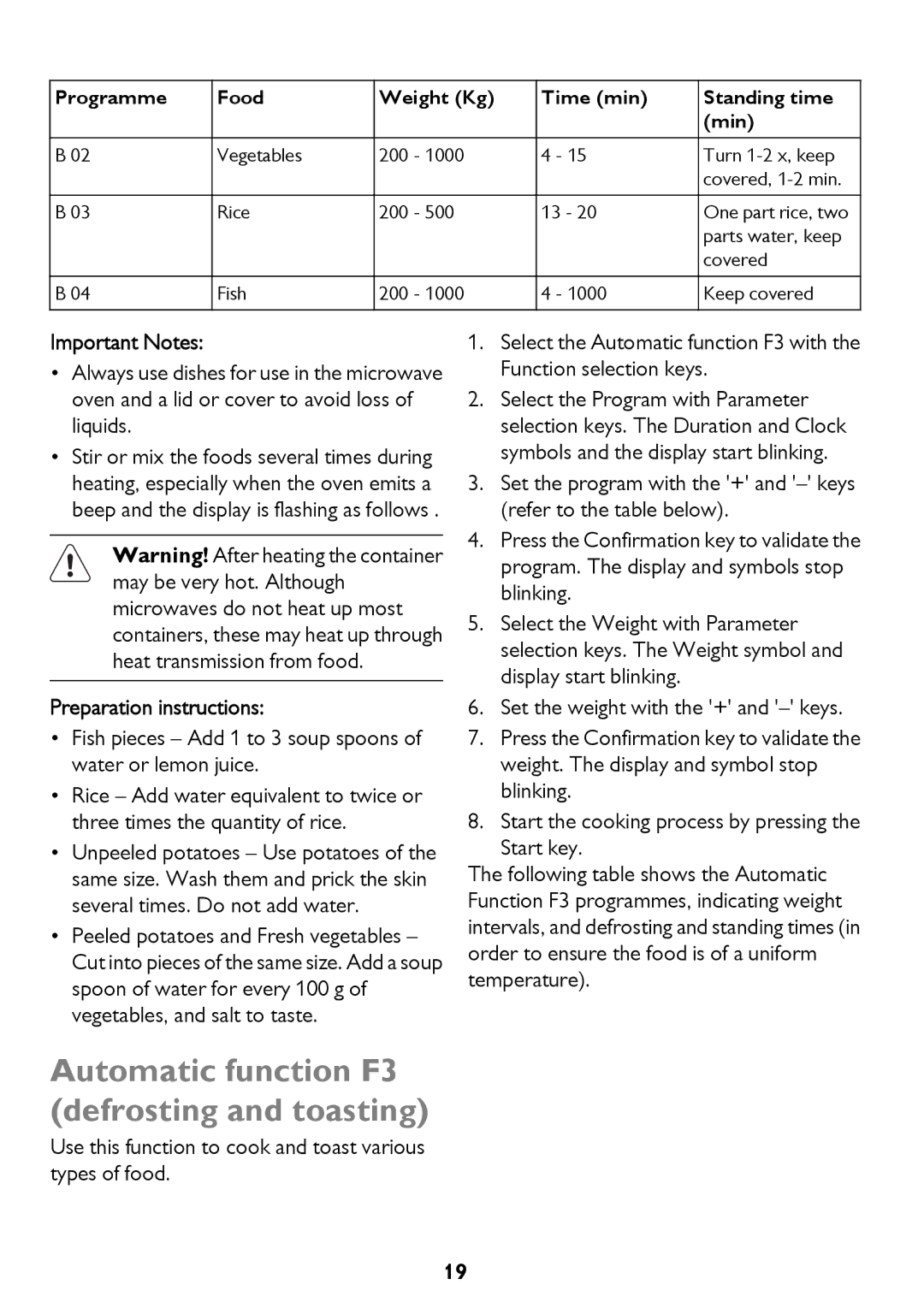 John Lewis JLBICO2 instruction manual Automatic function F3 defrosting and toasting, Preparation instructions 