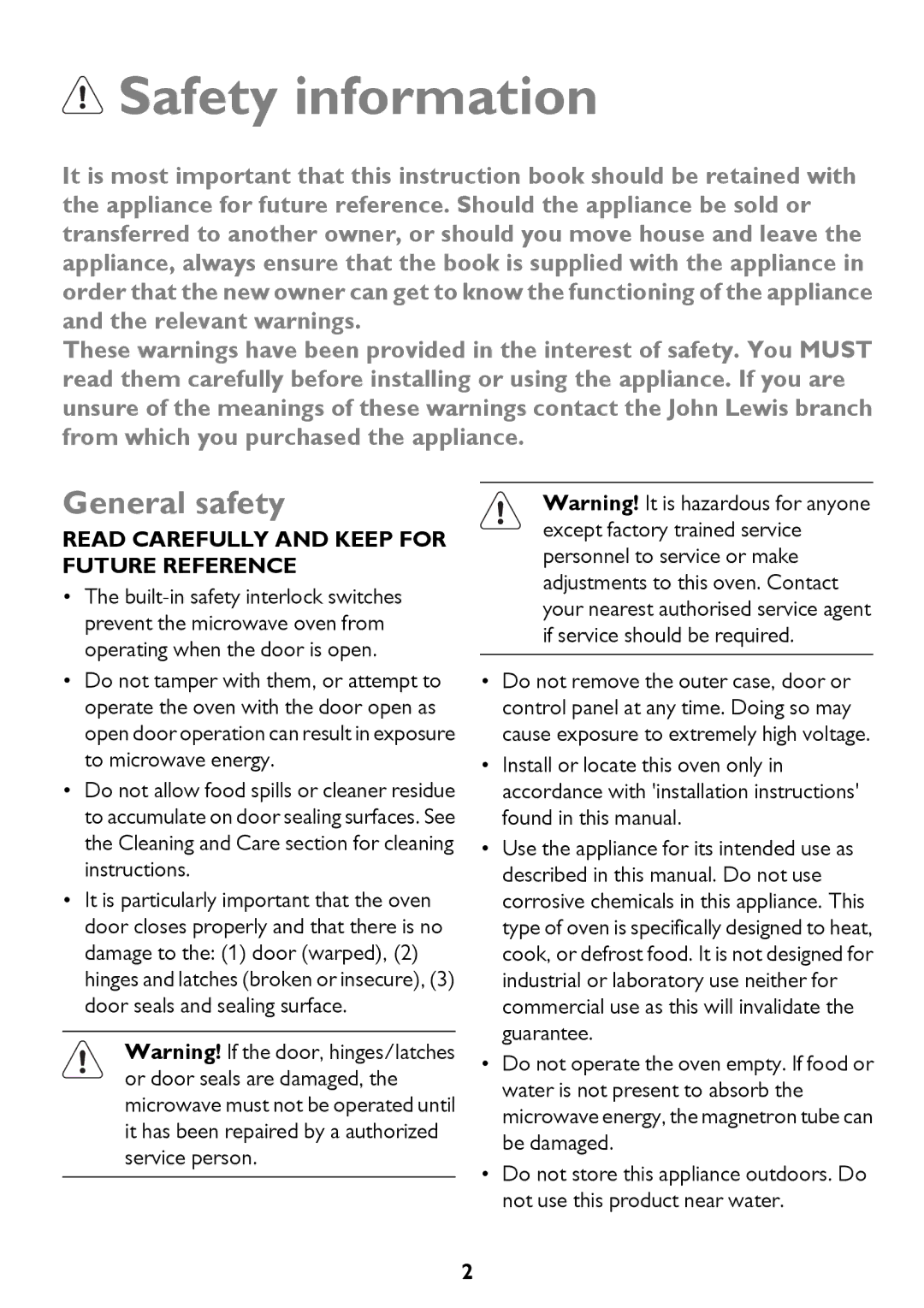 John Lewis JLBICO2 instruction manual Safety information, General safety 