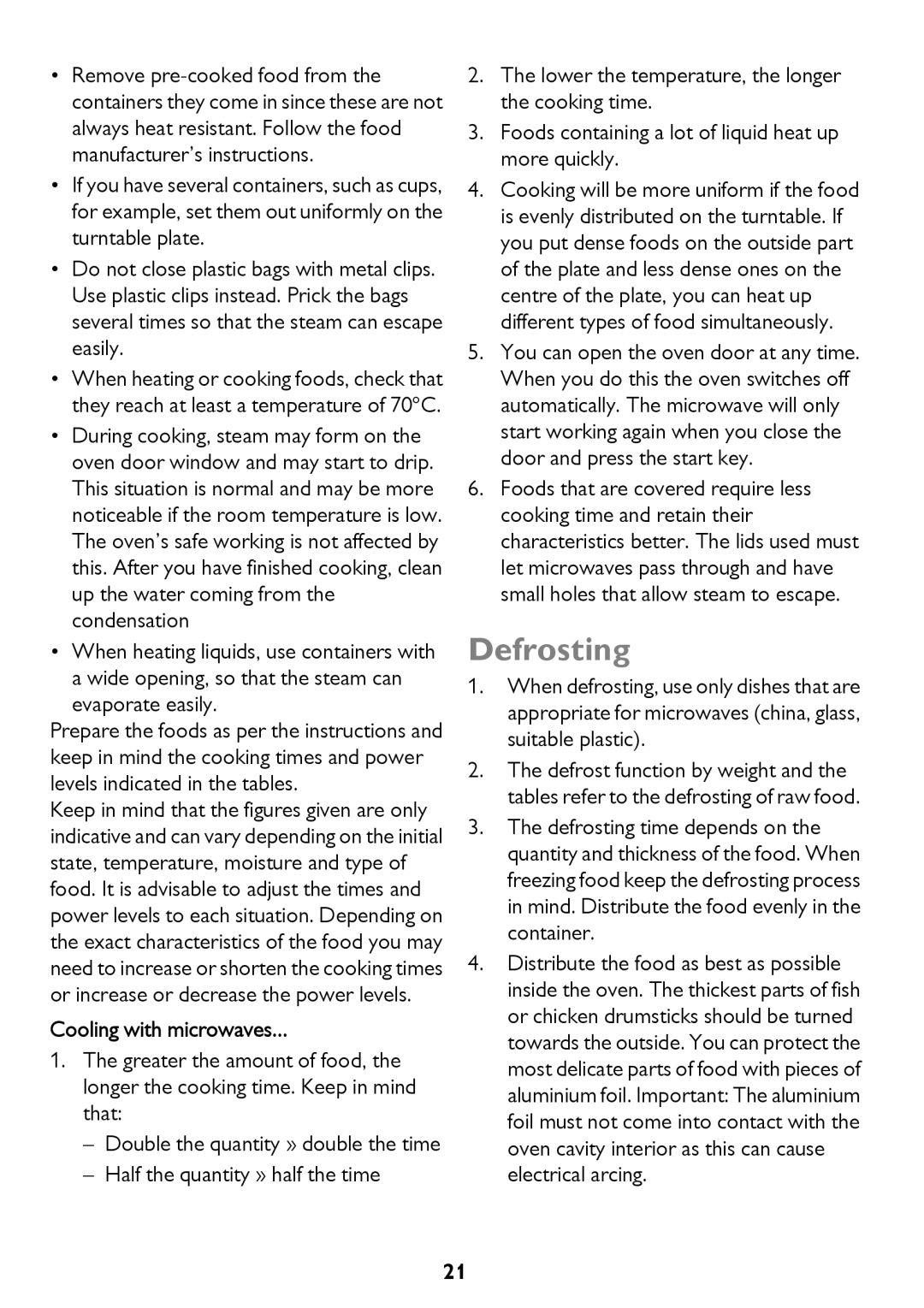 John Lewis JLBICO2 instruction manual Defrosting, Cooling with microwaves 