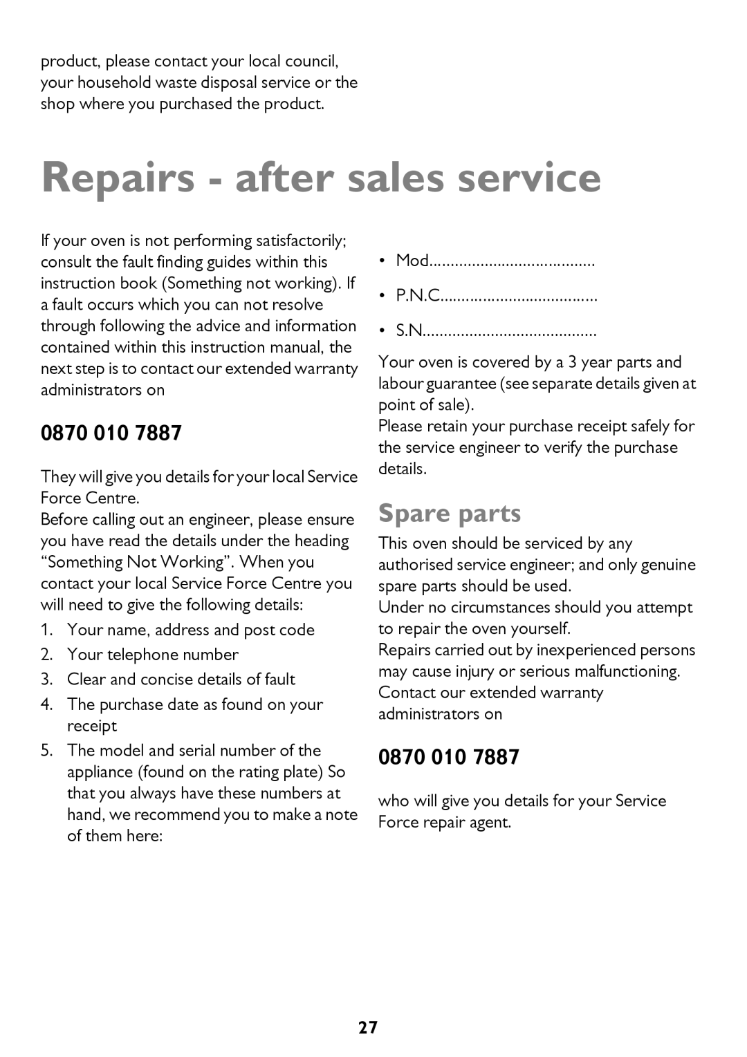 John Lewis JLBICO2 instruction manual Repairs after sales service, Spare parts 