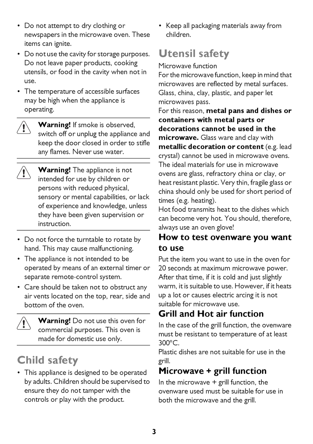 John Lewis JLBICO2 instruction manual Child safety, Utensil safety, Keep all packaging materials away from children 