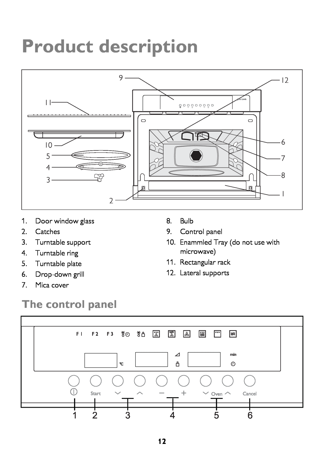 John Lewis JLBICO2 instruction manual Product description, The control panel, 9 11 10 5 