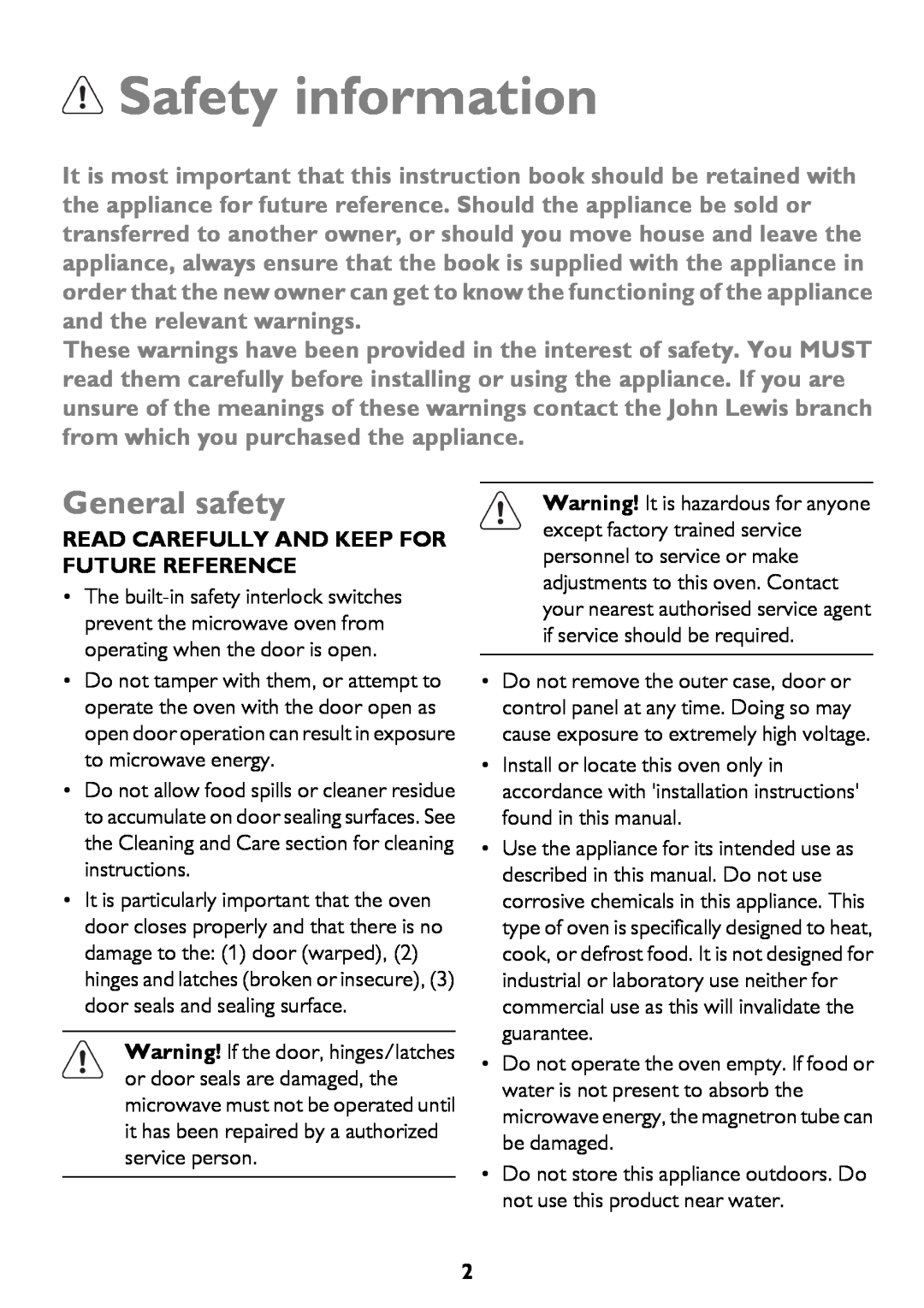 John Lewis JLBICO2 instruction manual Safety information, General safety 