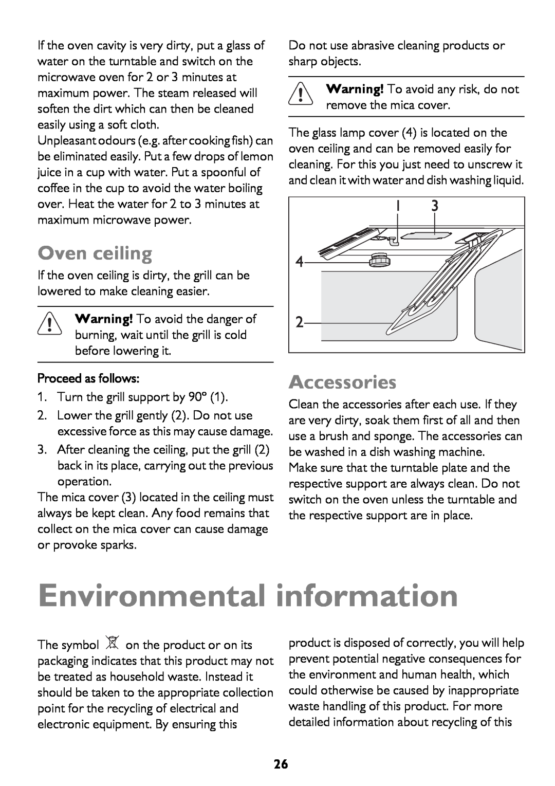 John Lewis JLBICO2 instruction manual Environmental information, Oven ceiling, Accessories, Proceed as follows 