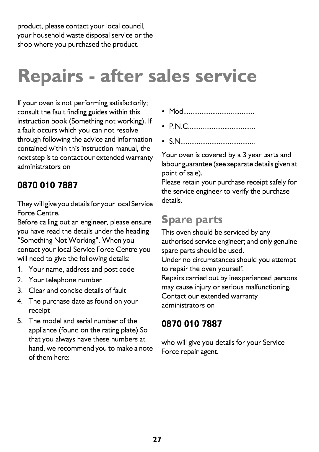 John Lewis JLBICO2 instruction manual Repairs - after sales service, Spare parts, 0870 
