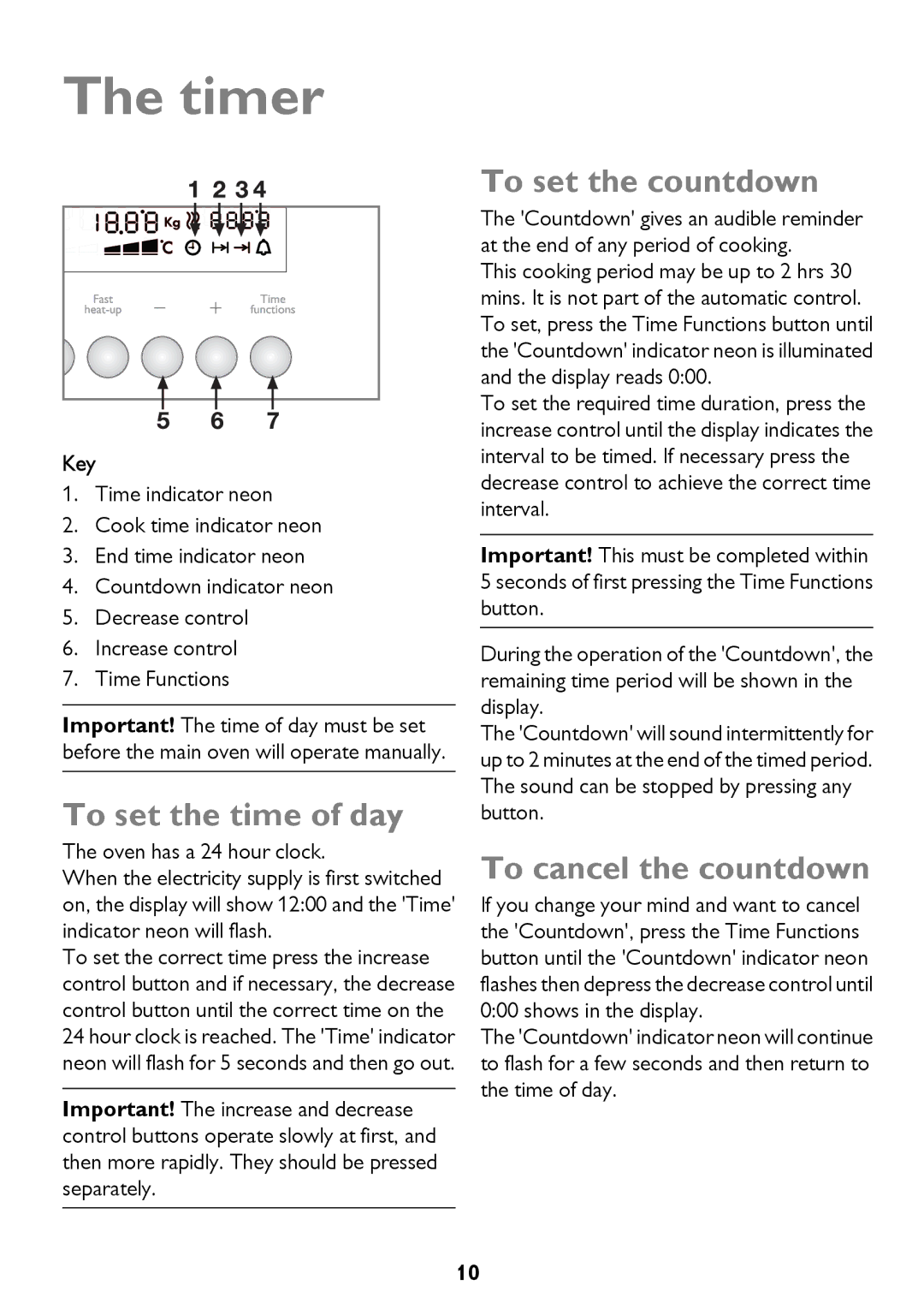 John Lewis JLBIDO911 instruction manual Timer, To set the time of day, To set the countdown, To cancel the countdown 