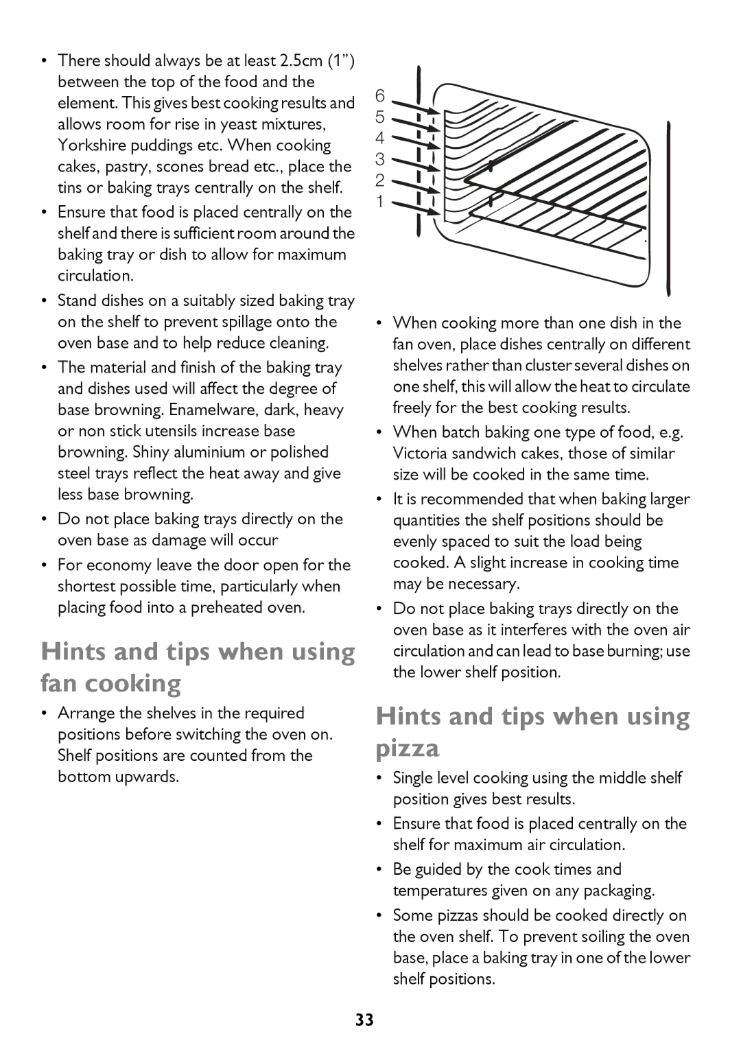 John Lewis JLBIDO911 instruction manual Hints and tips when using fan cooking, Hints and tips when using pizza 