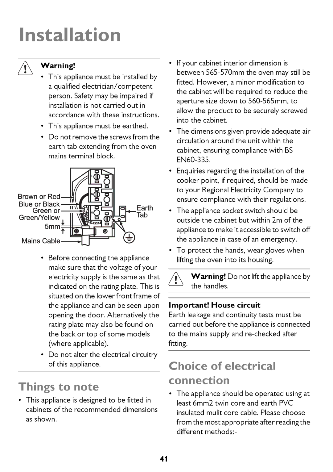 John Lewis JLBIDO911 instruction manual Installation, Choice of electrical connection 