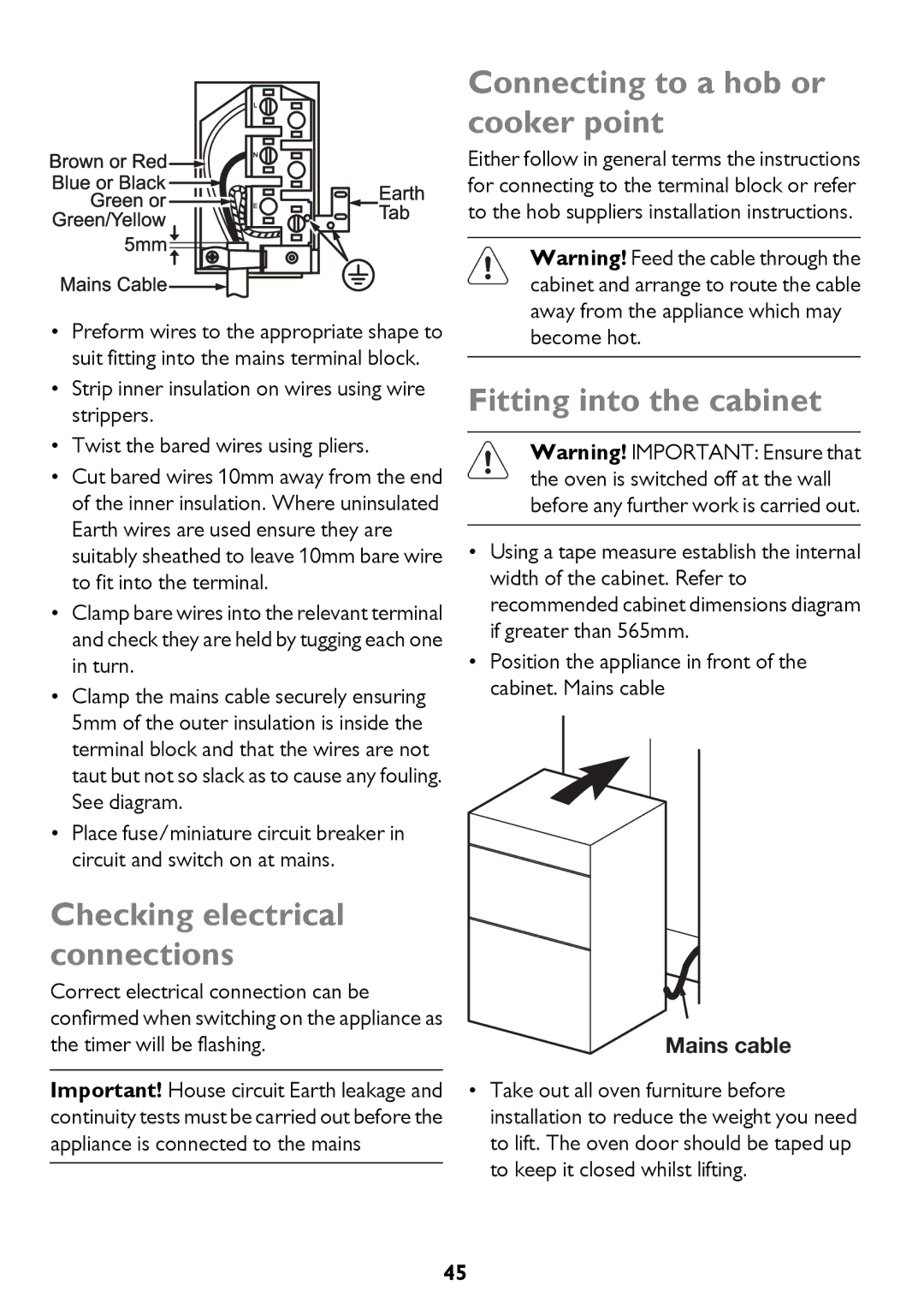 John Lewis JLBIDO911 Checking electrical connections, Connecting to a hob or cooker point, Fitting into the cabinet 