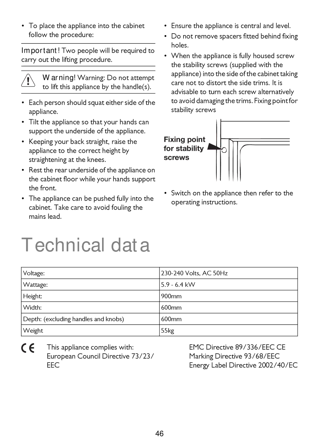 John Lewis JLBIDO911 instruction manual Technical data 