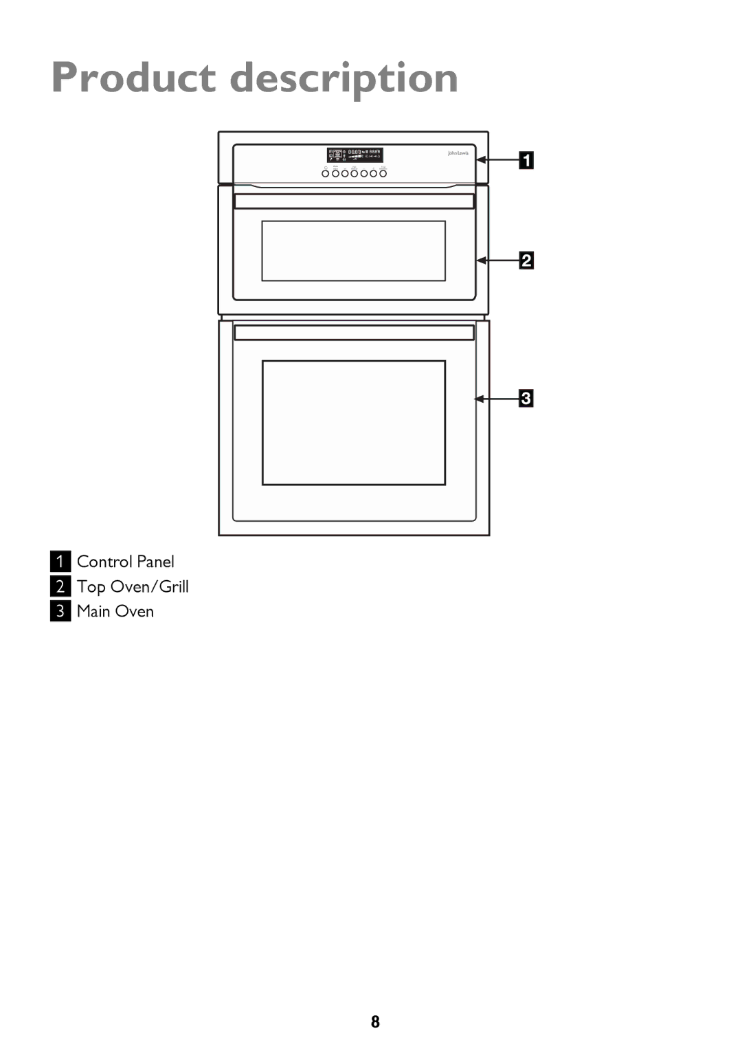 John Lewis JLBIDO911 instruction manual Product description, Control Panel Top Oven/Grill Main Oven 