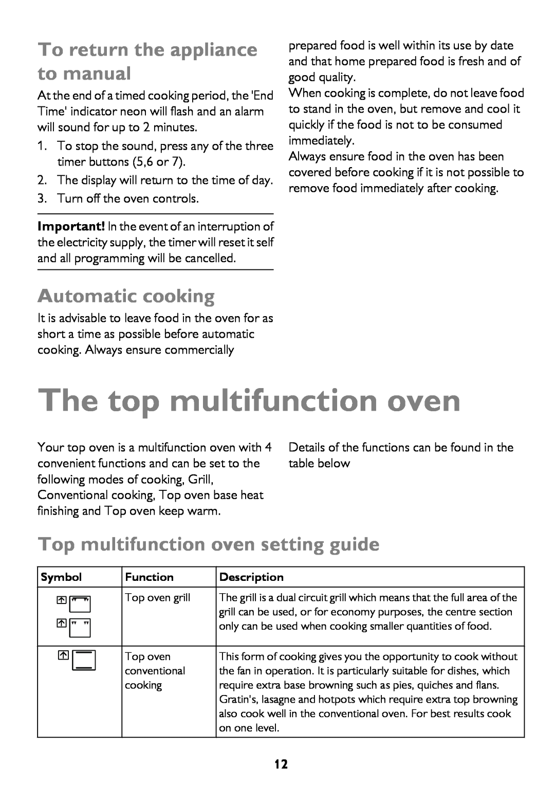 John Lewis JLBIDO911 instruction manual The top multifunction oven, To return the appliance to manual, Automatic cooking 