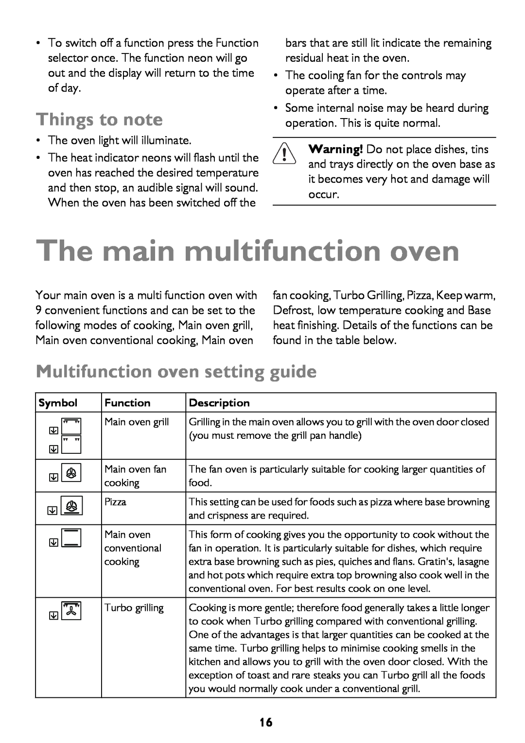 John Lewis JLBIDO911 instruction manual The main multifunction oven, Multifunction oven setting guide, Things to note 