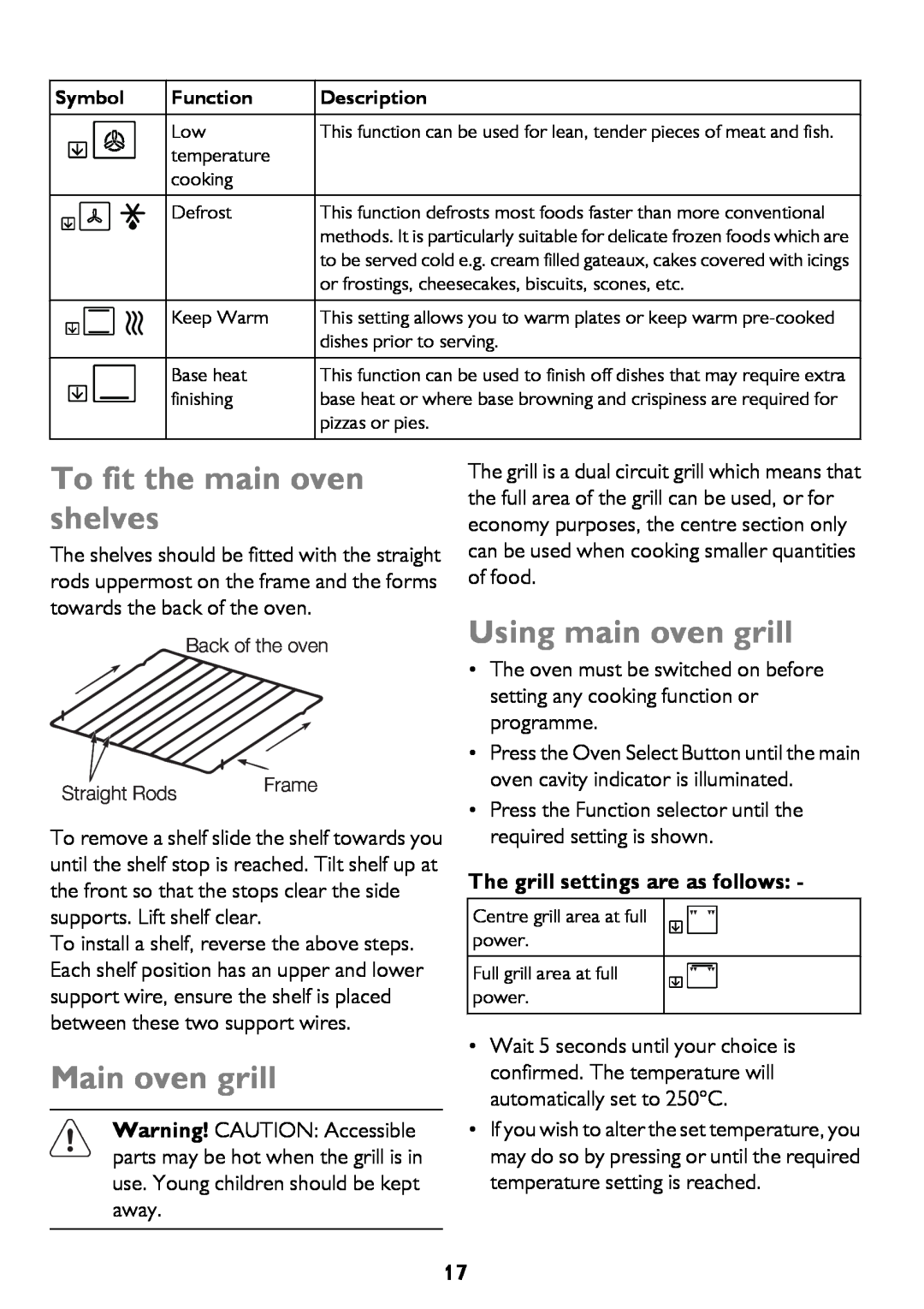 John Lewis JLBIDO911 To fit the main oven shelves, Main oven grill, Using main oven grill, Back of the oven, Straight Rods 
