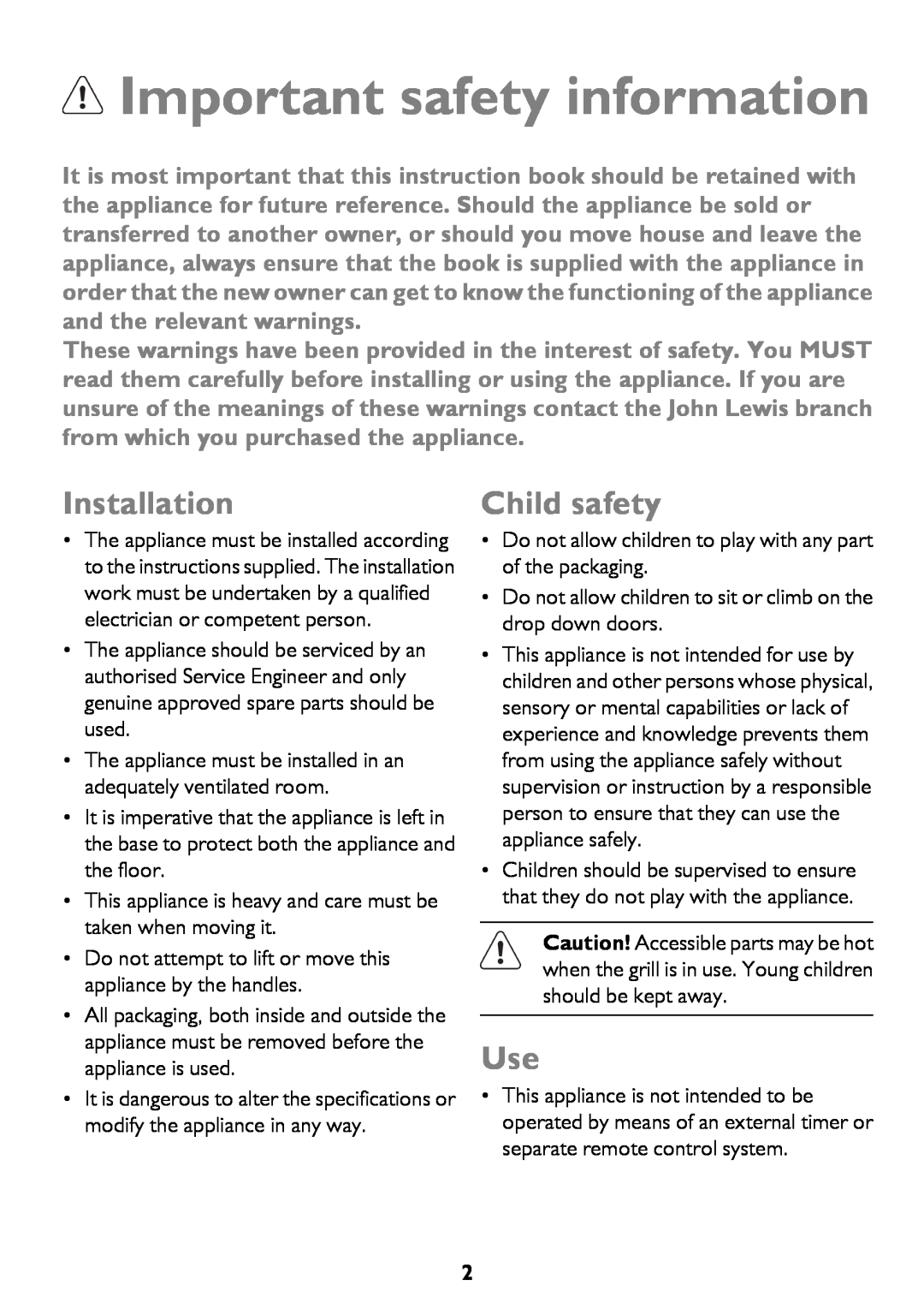John Lewis JLBIDO911 instruction manual Important safety information, Installation, Child safety 