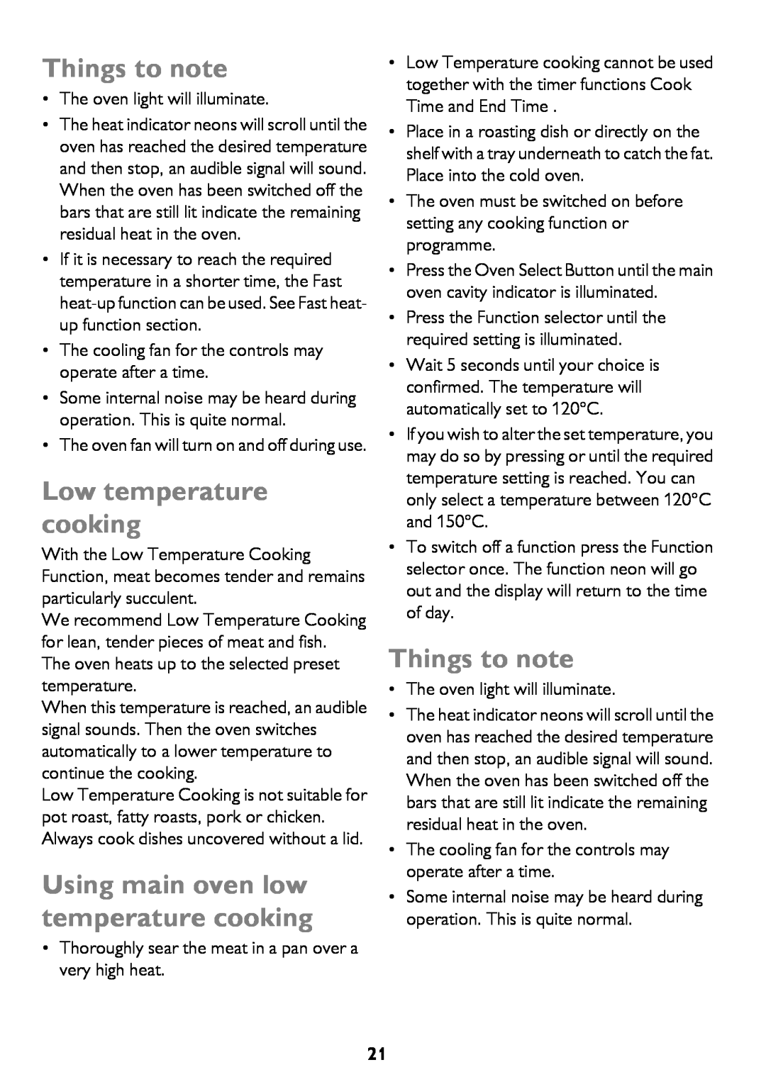 John Lewis JLBIDO911 instruction manual Low temperature cooking, Using main oven low temperature cooking, Things to note 