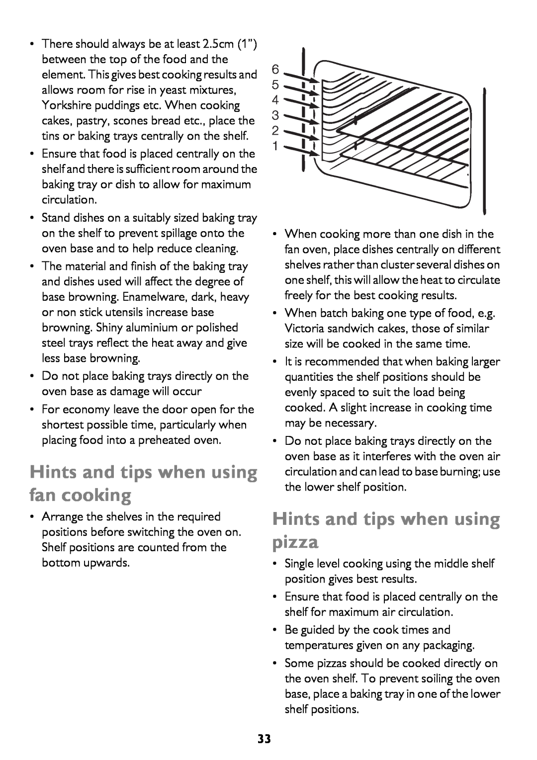 John Lewis JLBIDO911 instruction manual Hints and tips when using fan cooking, Hints and tips when using pizza 