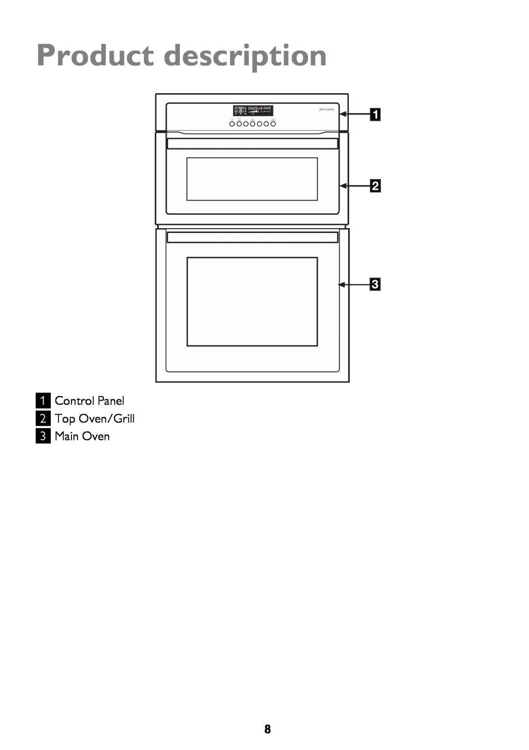 John Lewis JLBIDO911 instruction manual Product description, Control Panel 2 Top Oven/Grill 3 Main Oven 