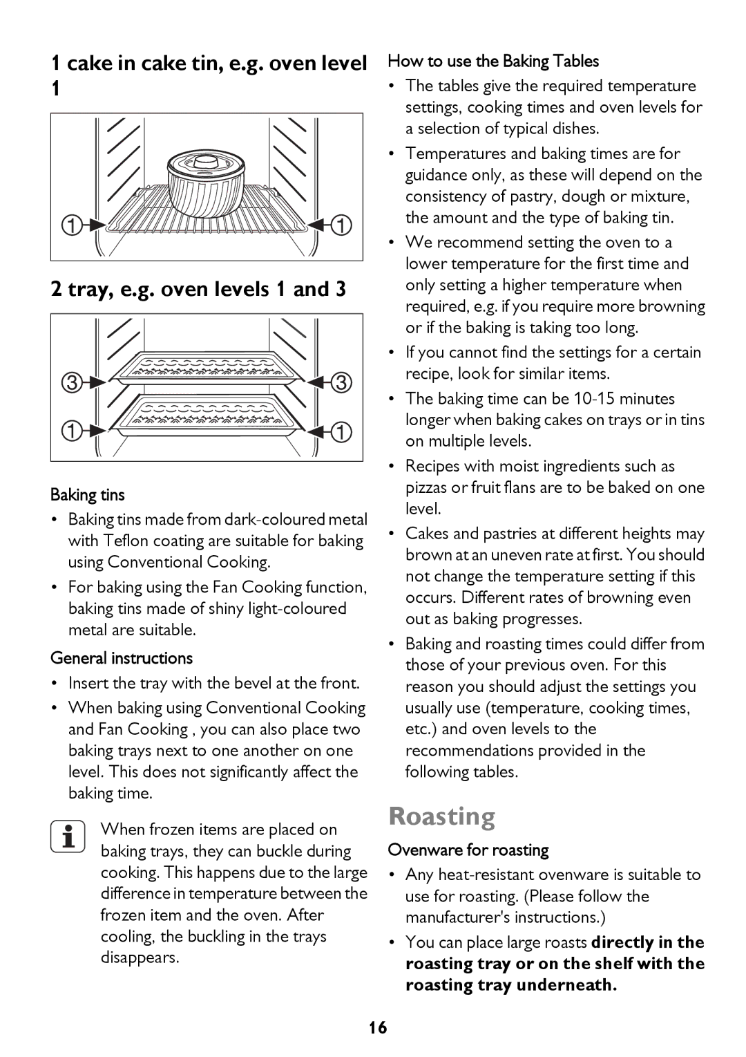 John Lewis JLBIDO913 instruction manual Roasting, Cake in cake tin, e.g. oven level Tray, e.g. oven levels 1 