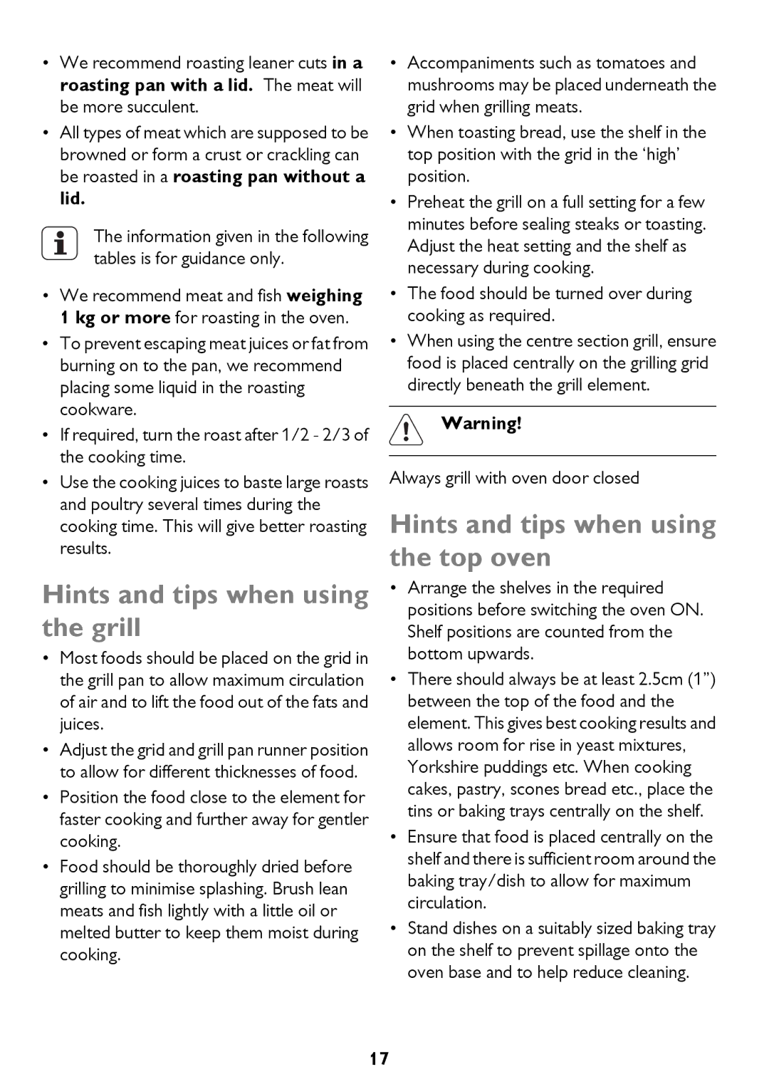 John Lewis JLBIDO913 instruction manual Hints and tips when using the grill, Hints and tips when using the top oven 