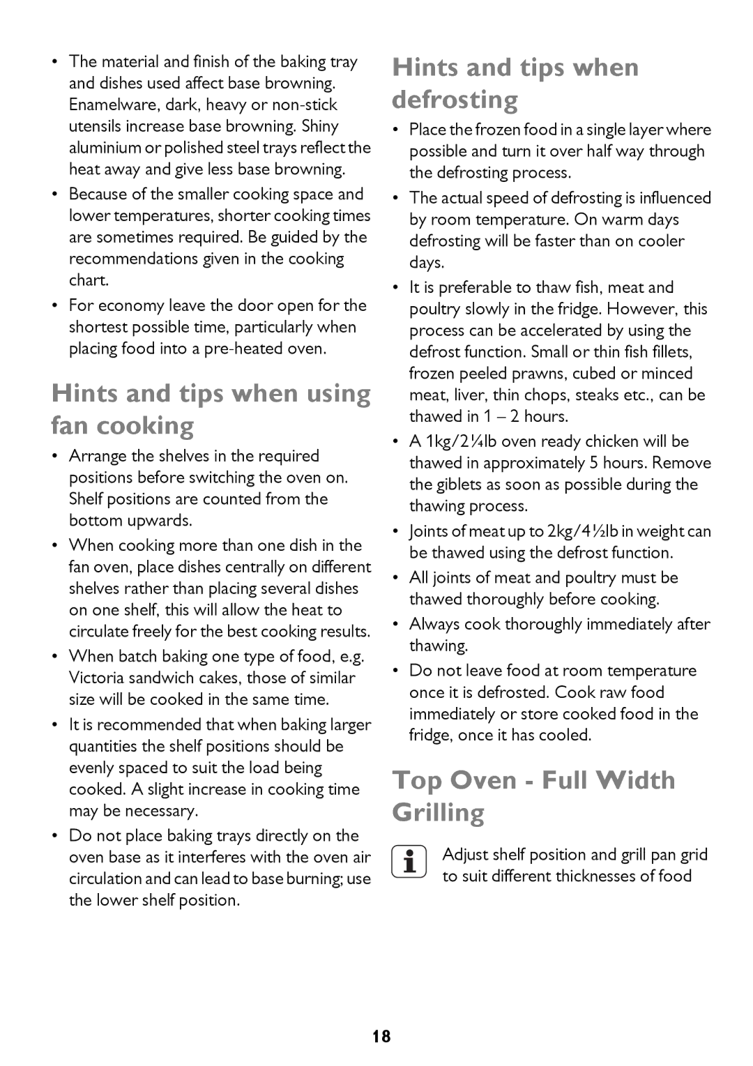 John Lewis JLBIDO913 Hints and tips when using fan cooking, Hints and tips when defrosting, Top Oven Full Width Grilling 