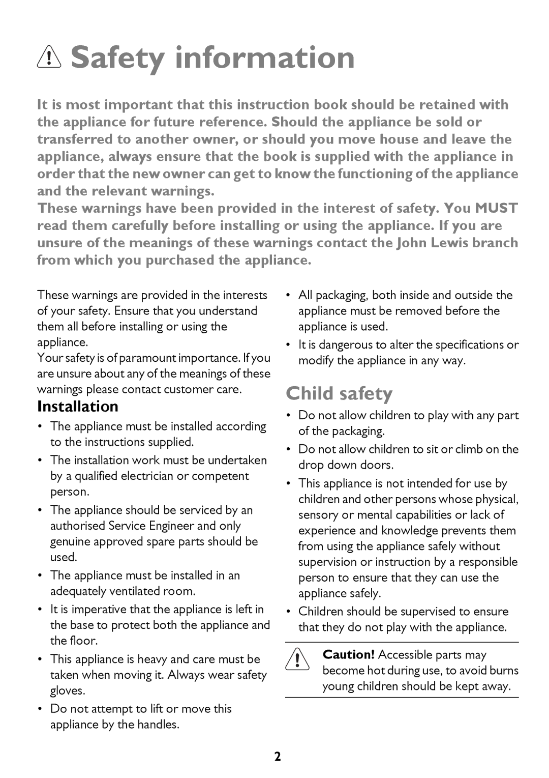 John Lewis JLBIDO913 instruction manual Safety information, Child safety, Installation 