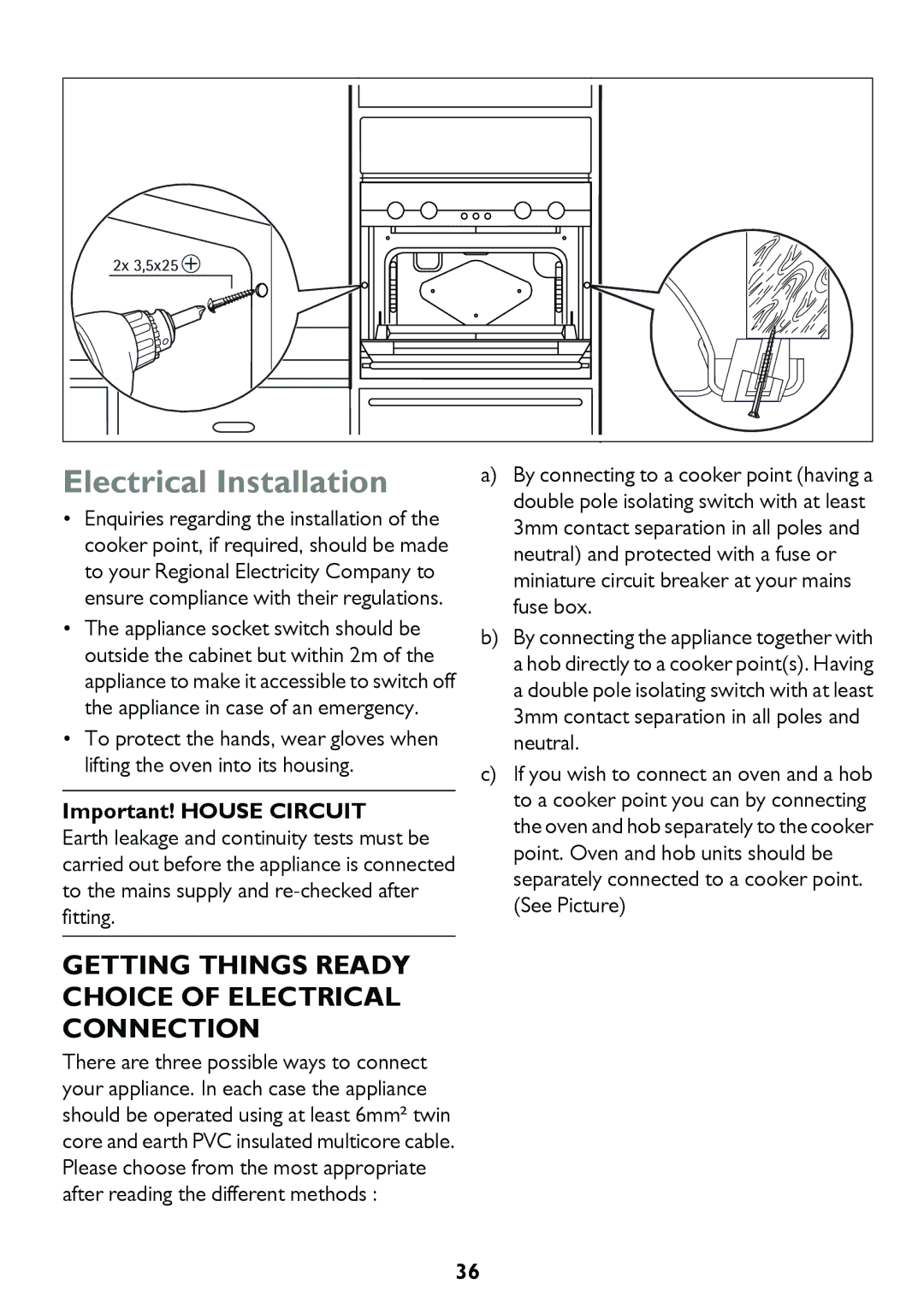 John Lewis JLBIDO913 instruction manual Electrical Installation, Important! House Circuit 