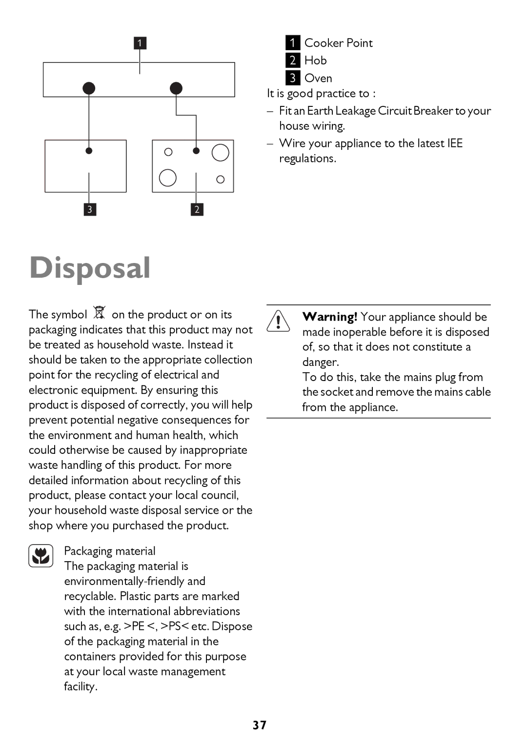 John Lewis JLBIDO913 instruction manual Disposal, Packaging material 