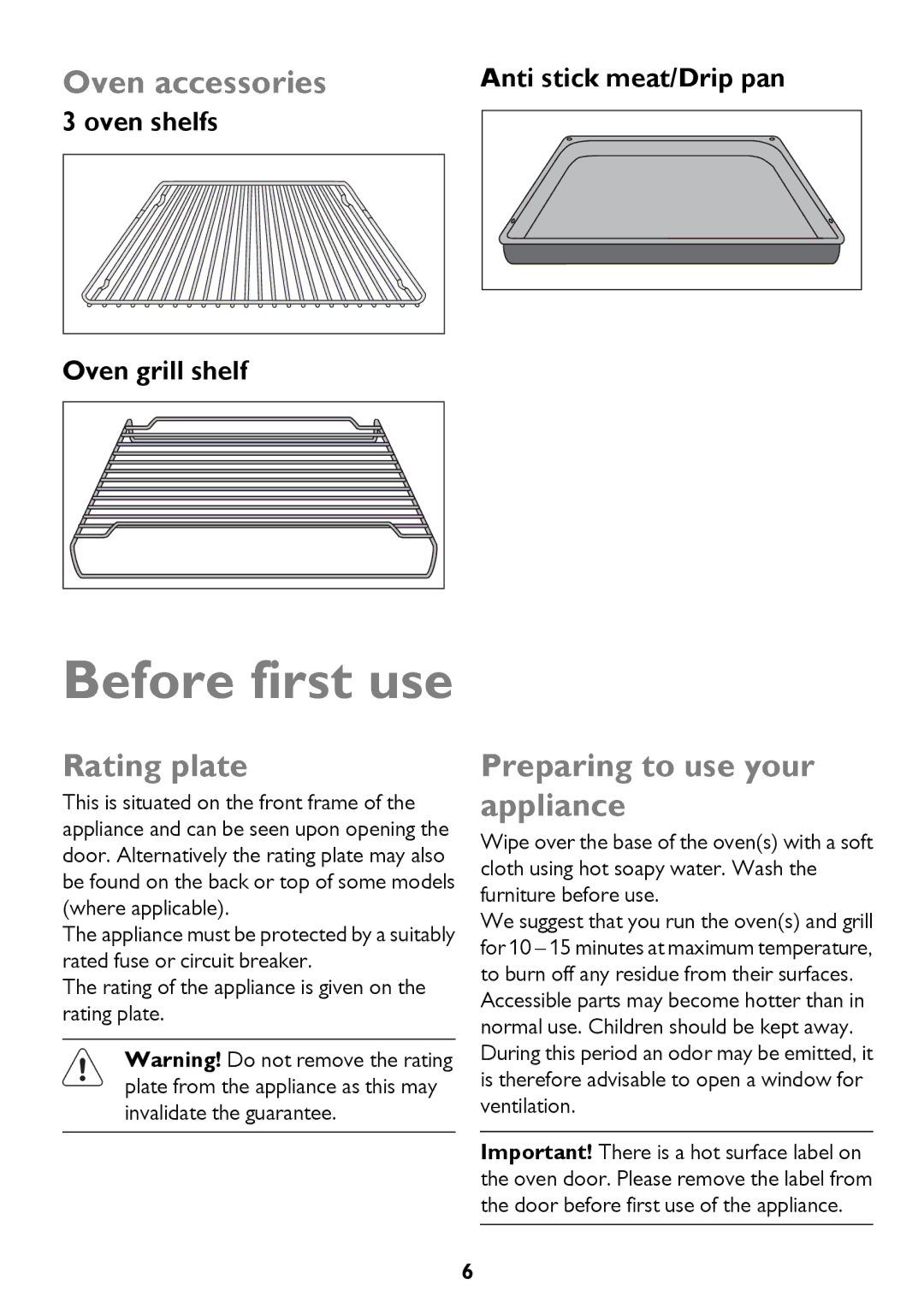 John Lewis JLBIDO913 instruction manual Before first use, Oven accessories, Rating plate, Preparing to use your appliance 