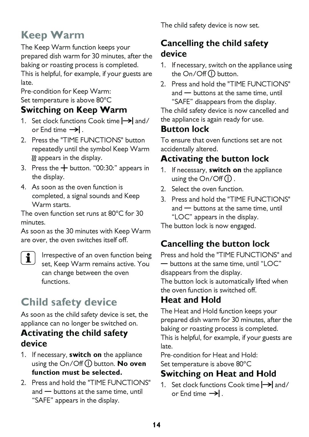 John Lewis JLBIDO913 Child safety device, Switching on Keep Warm, Activating the child safety device, Button lock 