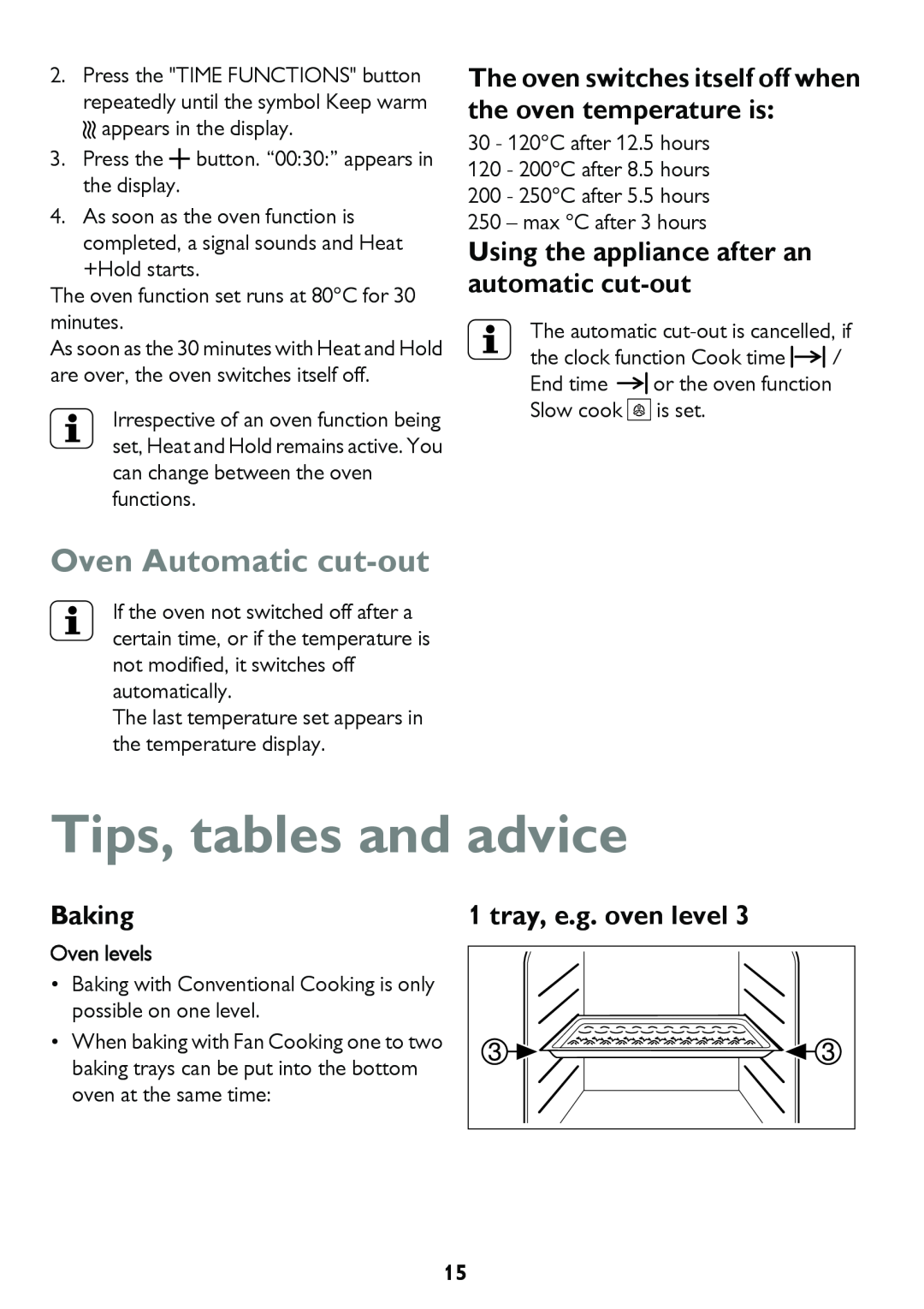 John Lewis JLBIDO913 Tips, tables and advice, Oven Automatic cut-out, Using the appliance after an automatic cut-out 