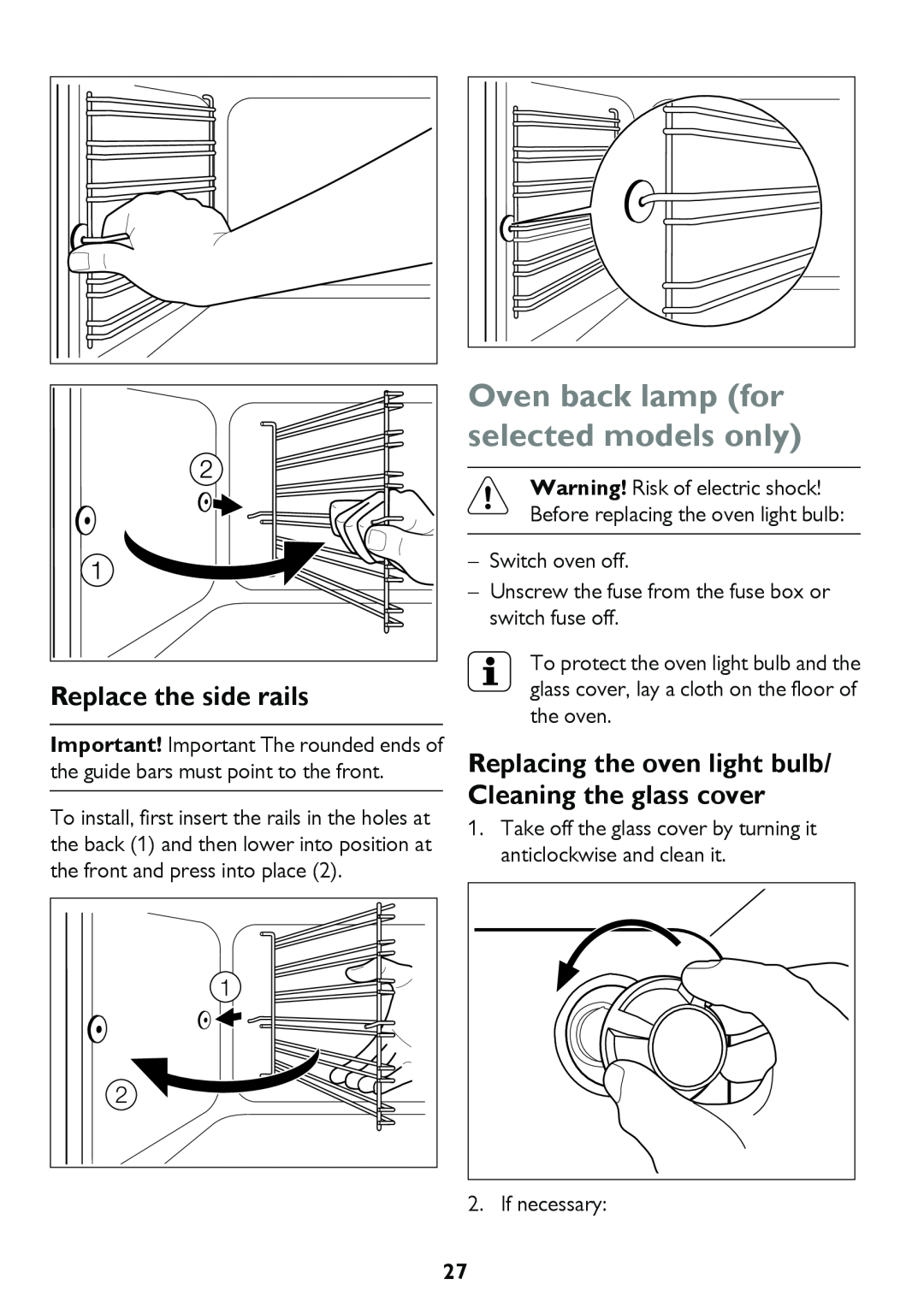 John Lewis JLBIDO913 instruction manual Oven back lamp for selected models only, Replace the side rails 