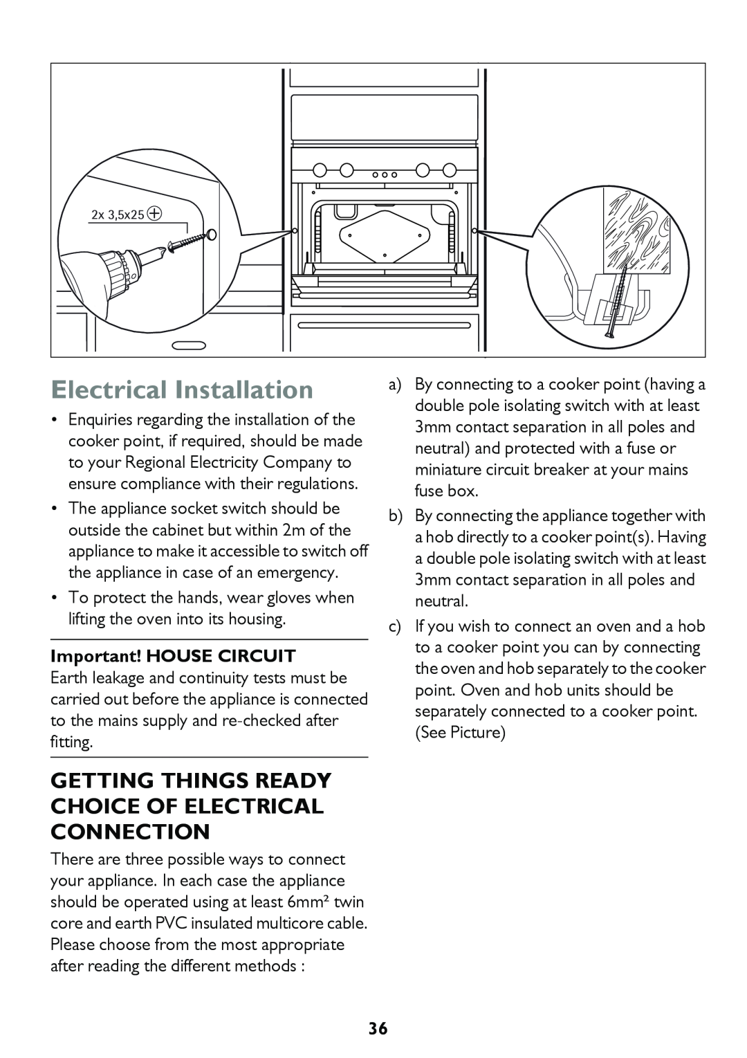 John Lewis JLBIDO913 instruction manual Electrical Installation, Important! HOUSE CIRCUIT 