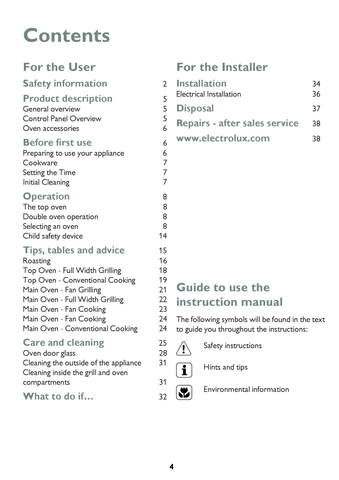 John Lewis JLBIDO913 instruction manual Contents, For the User, For the Installer 