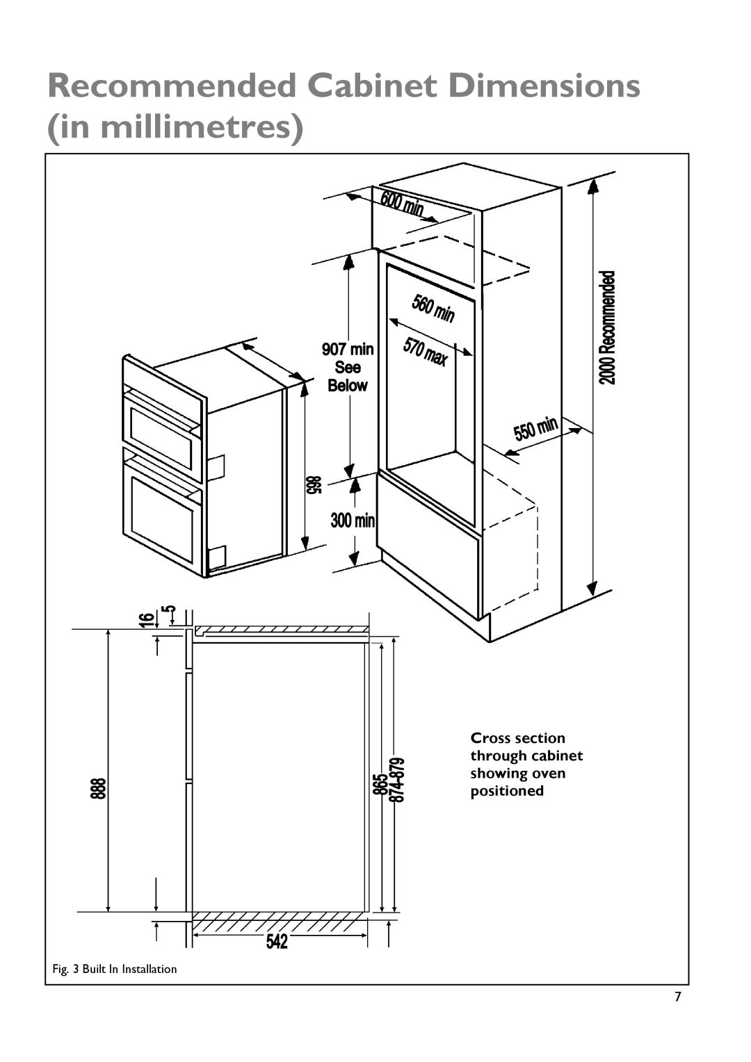 John Lewis JLBIDOS904 instruction manual Recommended Cabinet Dimensions in millimetres, Built In Installation 