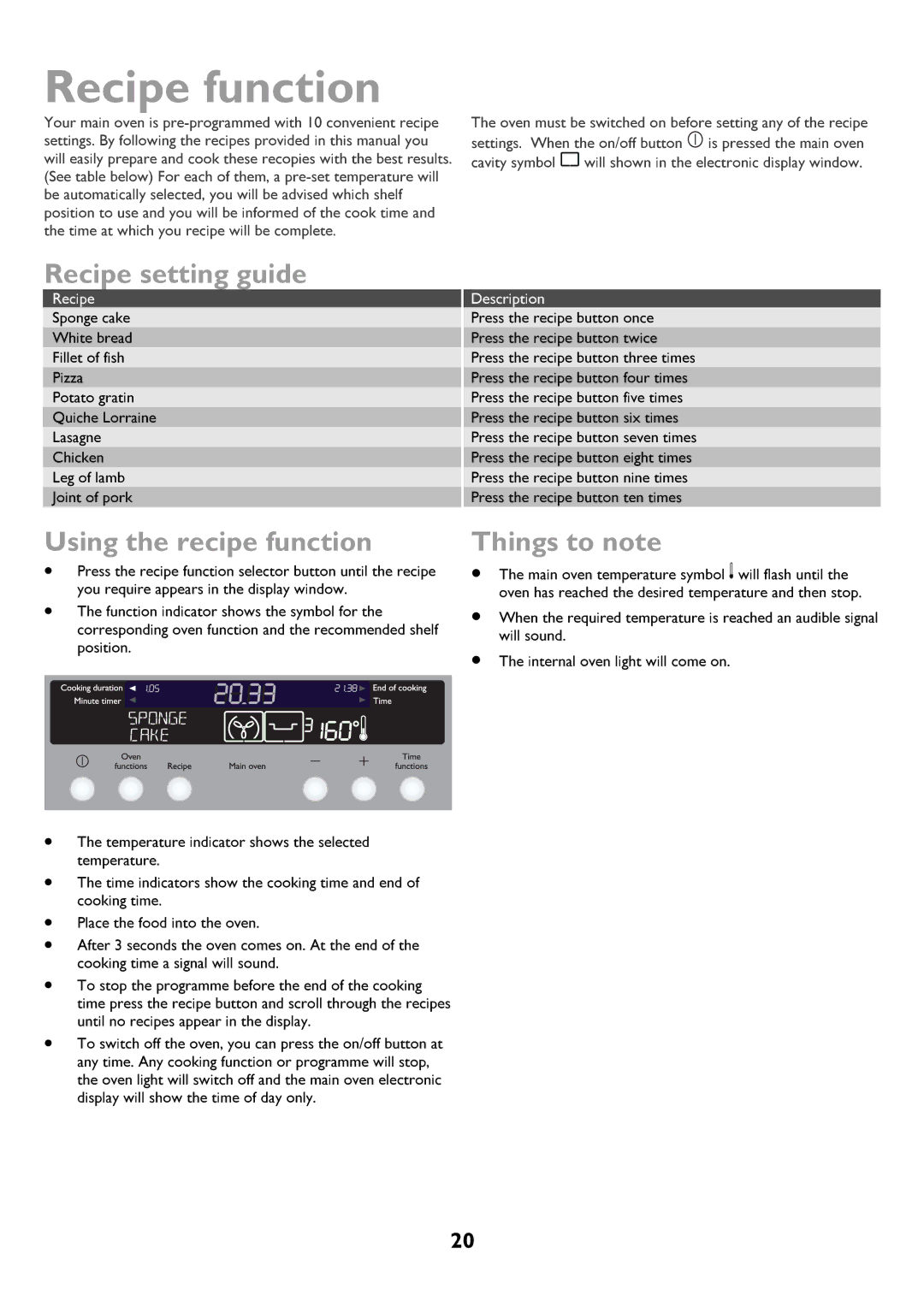 John Lewis JLBIDOS906 instruction manual Recipe function, SpongeWhitebreadcake 