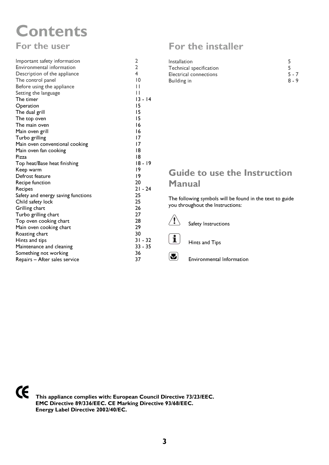 John Lewis JLBIDOS906 instruction manual Contents, For the installer, Operationdualgrill, Mainovenfancooking 