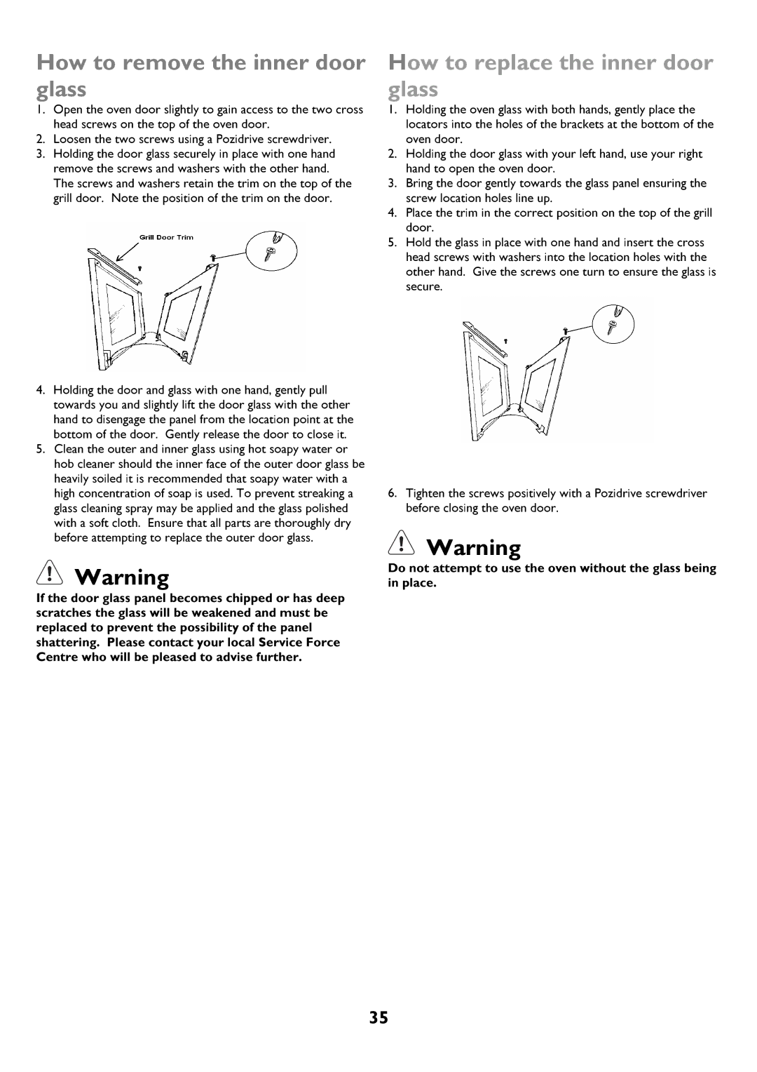 John Lewis JLBIDOS906 How to replace the inner door glass, DoorPlace.screwst trminthecorrectpositiononthetopofthegrill 