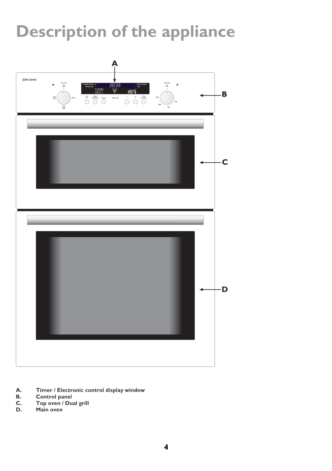 John Lewis JLBIDOS906 instruction manual Main, Description of the appliance 