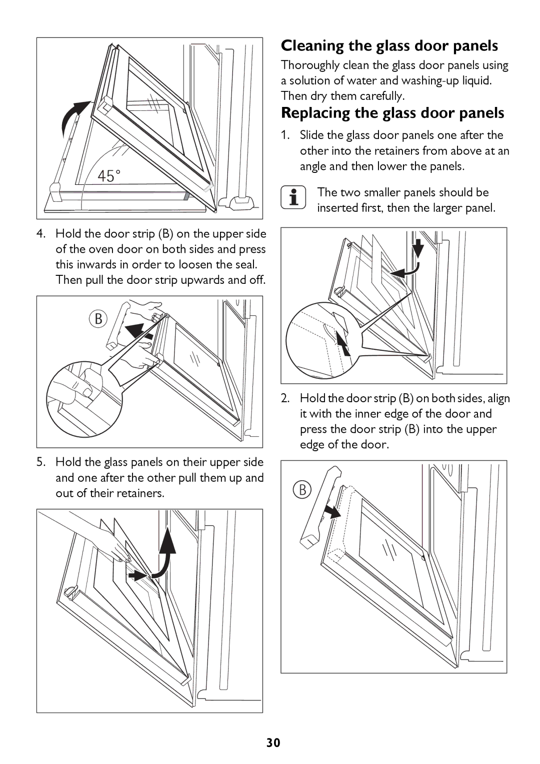 John Lewis JLBIDU712 instruction manual Cleaning the glass door panels, Replacing the glass door panels 