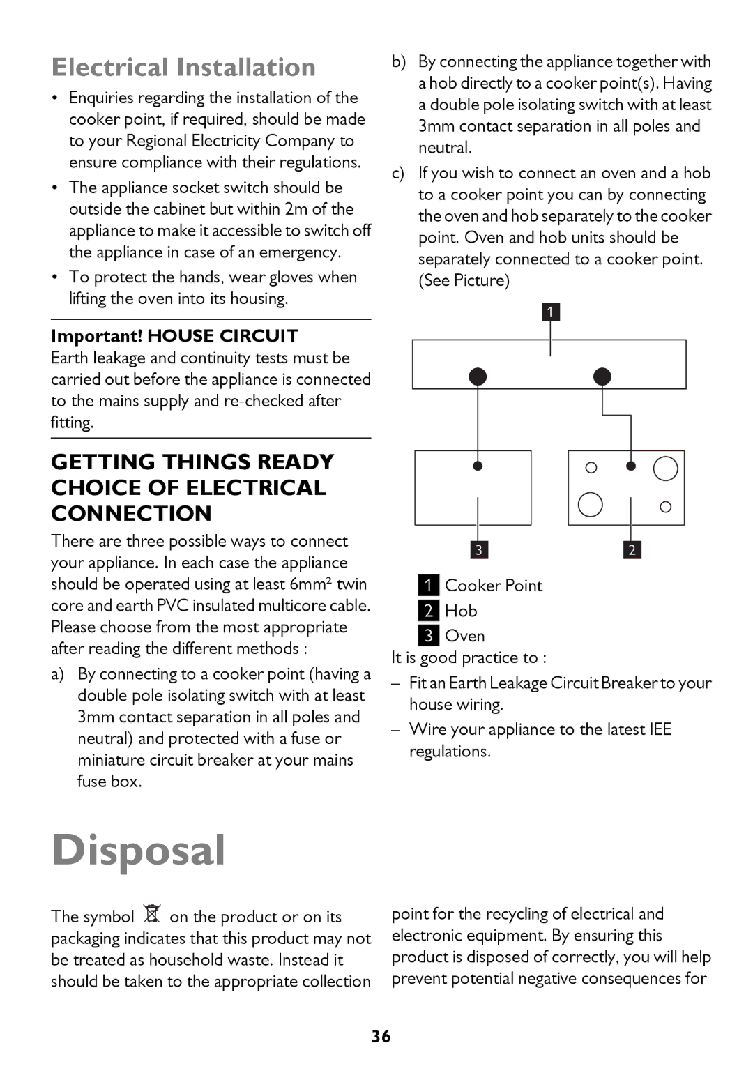 John Lewis JLBIDU712 instruction manual Disposal, Electrical Installation, Important! House Circuit 