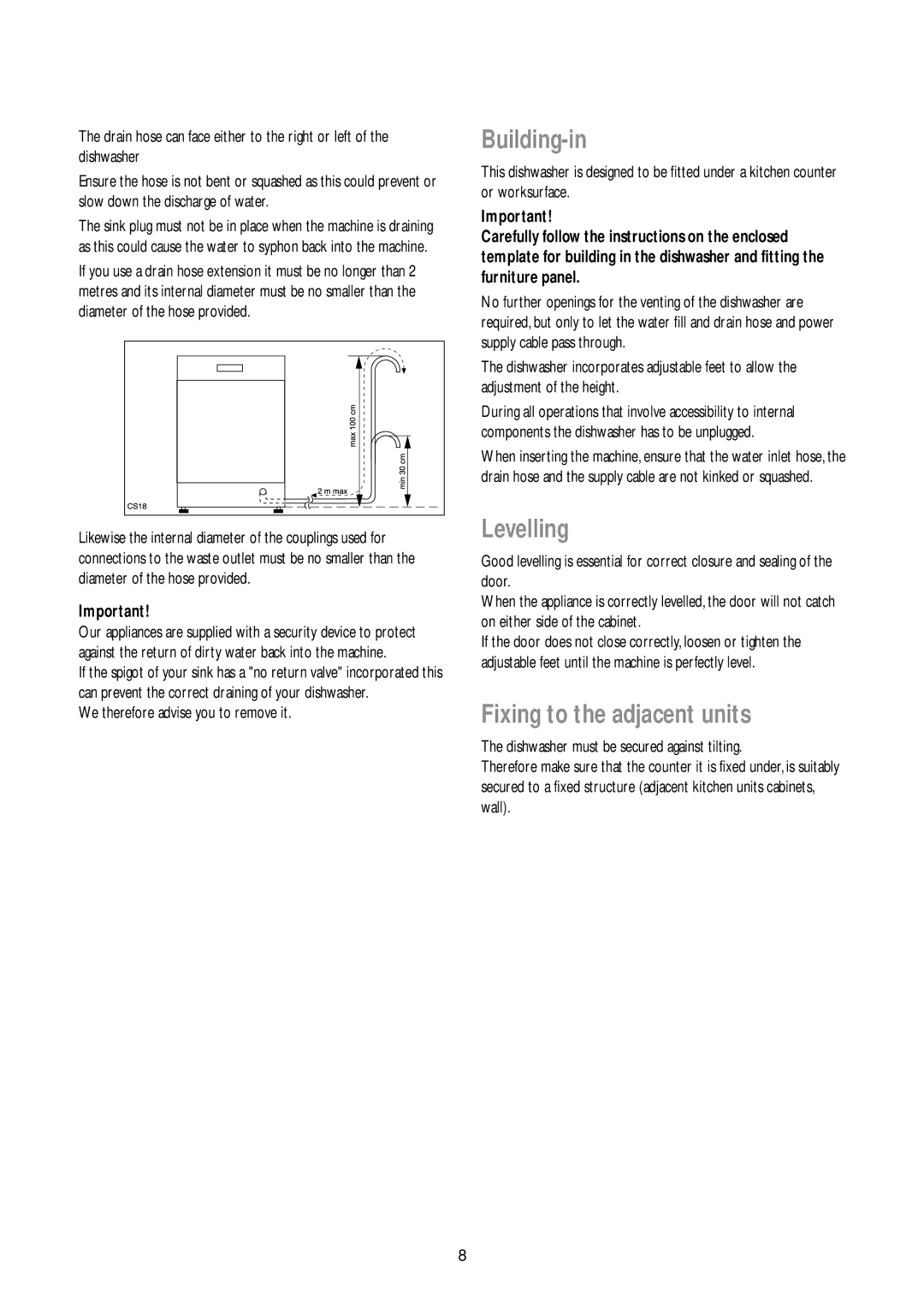 John Lewis JLBIDW 1200 Building-in, Levelling, Fixing to the adjacent units, We therefore advise you to remove it 