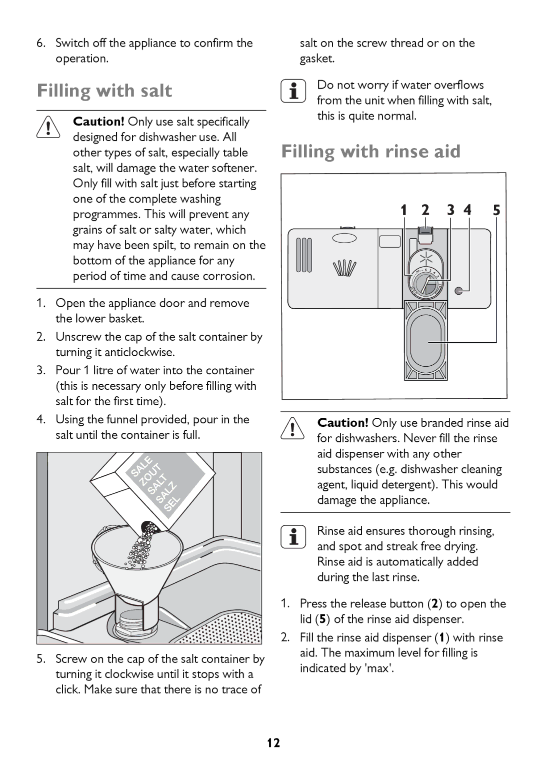 John Lewis JLBIDW 1201 instruction manual Filling with salt, Filling with rinse aid 