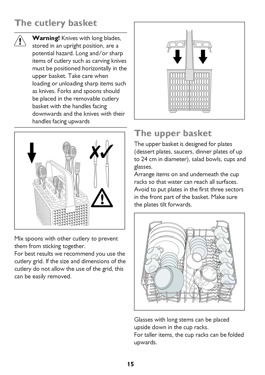 John Lewis JLBIDW 1201 Cutlery basket, Upper basket, For taller items, the cup racks can be folded upwards 