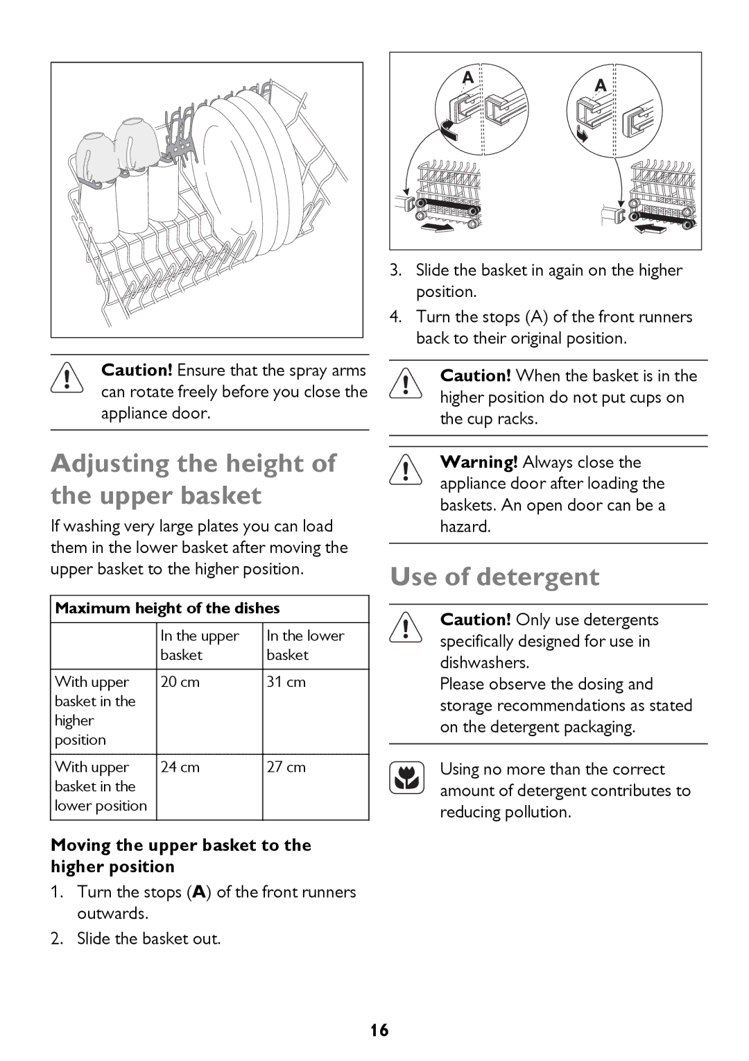 John Lewis JLBIDW 1201 instruction manual Adjusting the height of the upper basket, Use of detergent 