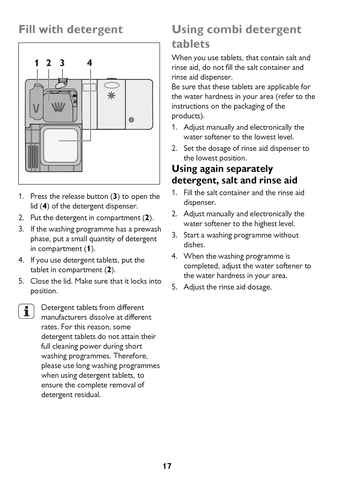 John Lewis JLBIDW 1201 instruction manual Fill with detergent, Using combi detergent tablets 