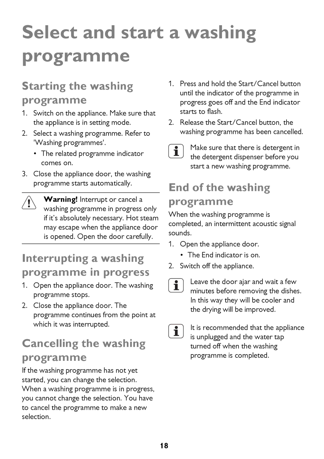 John Lewis JLBIDW 1201 instruction manual Select and start a washing programme, Starting the washing programme 