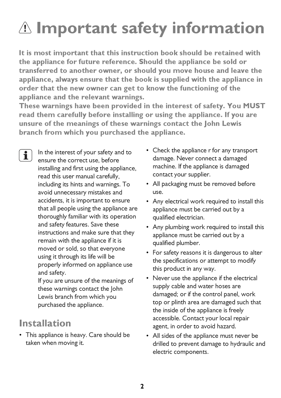 John Lewis JLBIDW 1201 instruction manual Important safety information, Installation 