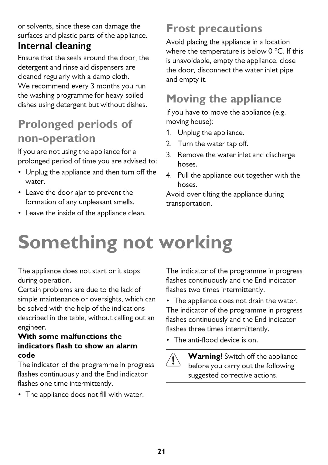 John Lewis JLBIDW 1201 Something not working, Prolonged periods of non-operation, Frost precautions, Moving the appliance 