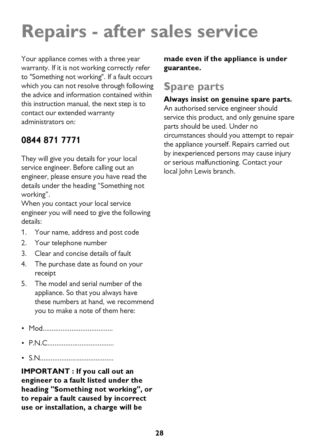 John Lewis JLBIDW 1201 instruction manual Repairs after sales service, Spare parts, Mod 